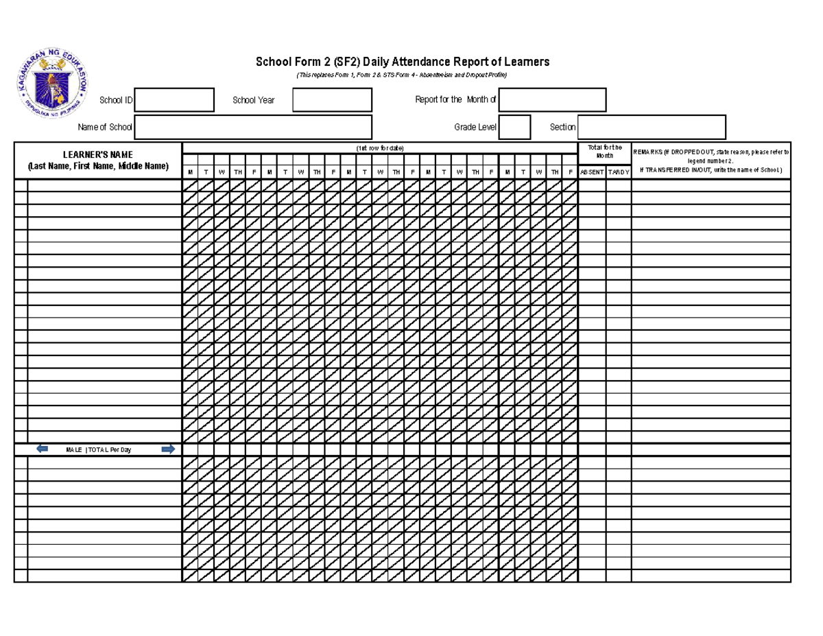 SF2 Daily Attendance Report for Learners - School Year Overview - Studocu
