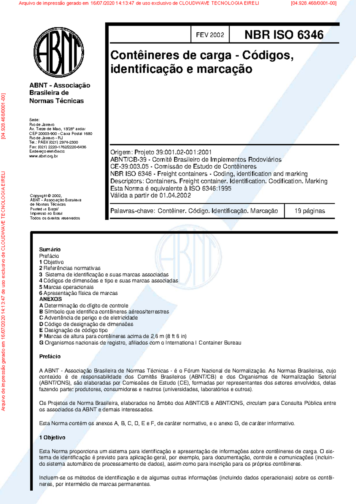 NBR ISO 6346:2002 - Contêineres de Carga: Códigos e Identificação - Studocu