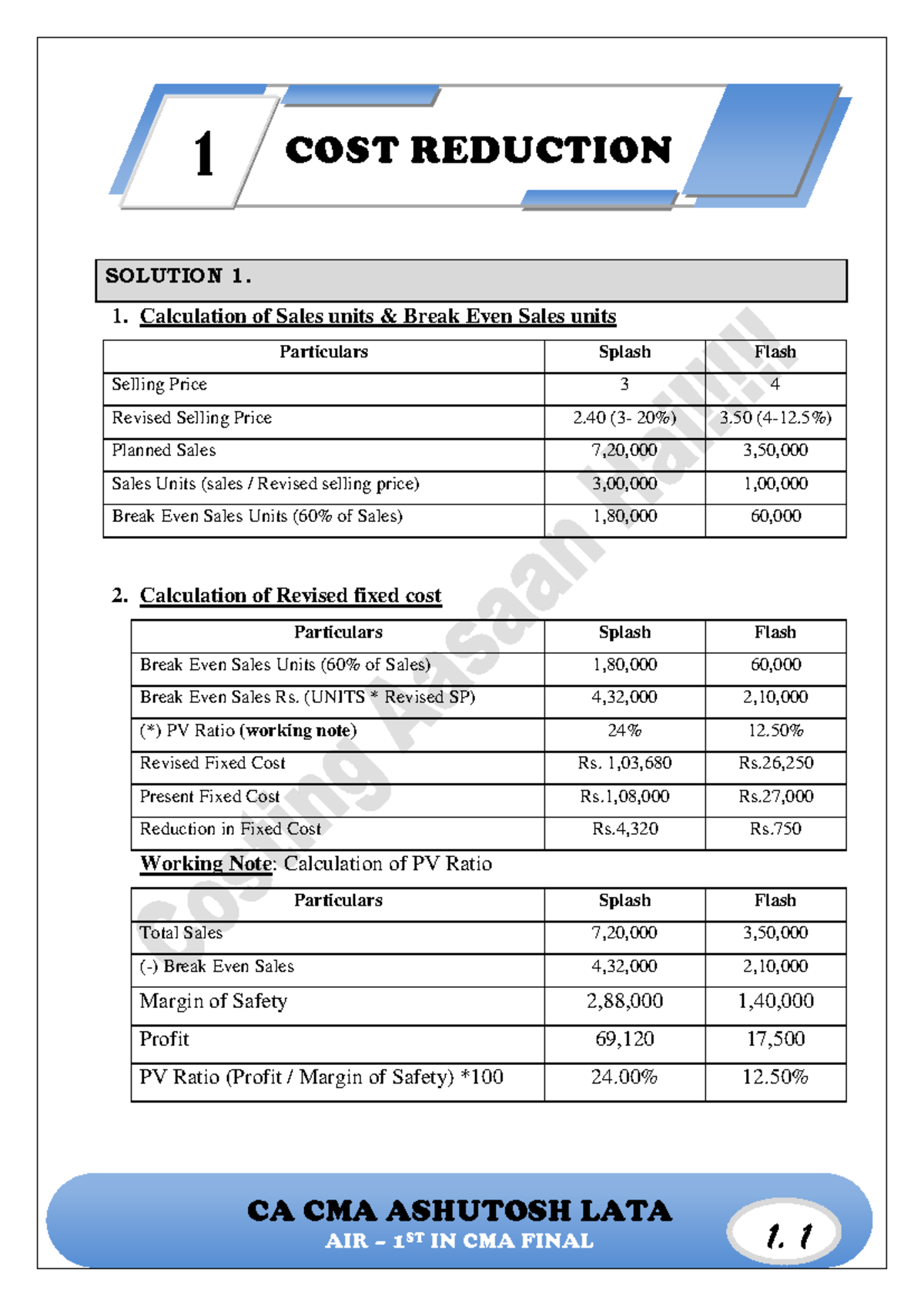 1 COST Reduction analysis by cost reduction technique by simply method ...