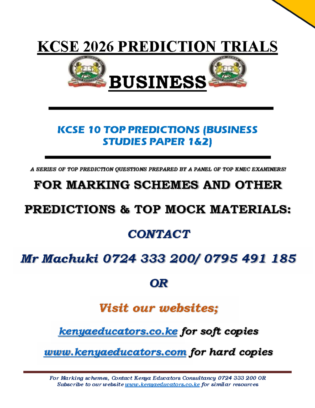 BUS KCSE 2026 TOP PREDICTIONS: BUSINESS STUDIES PAPERS 1 & 2 - Studocu