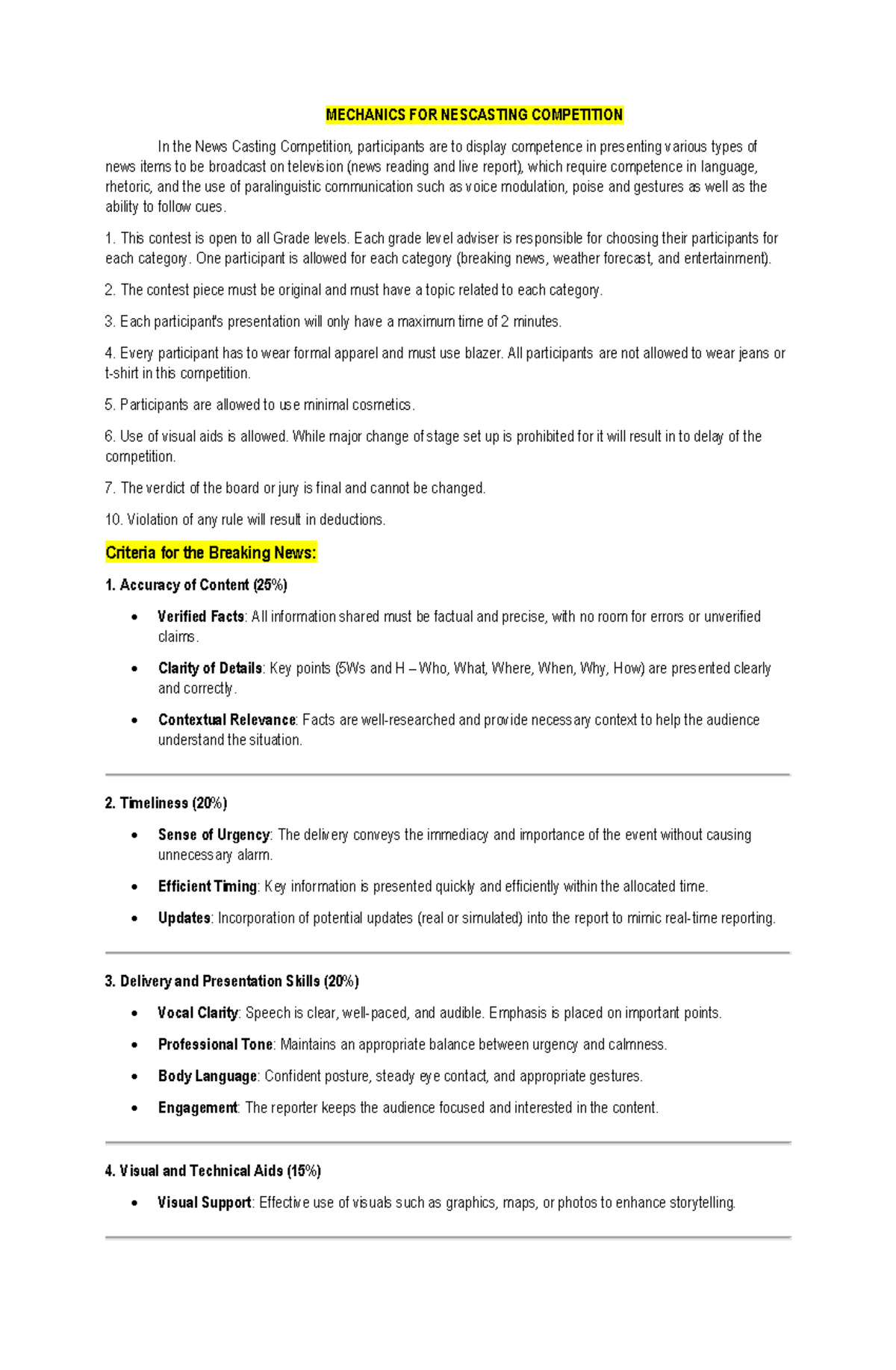 Mechanics & Criteria for News Casting Competition (NCC 101) - Studocu