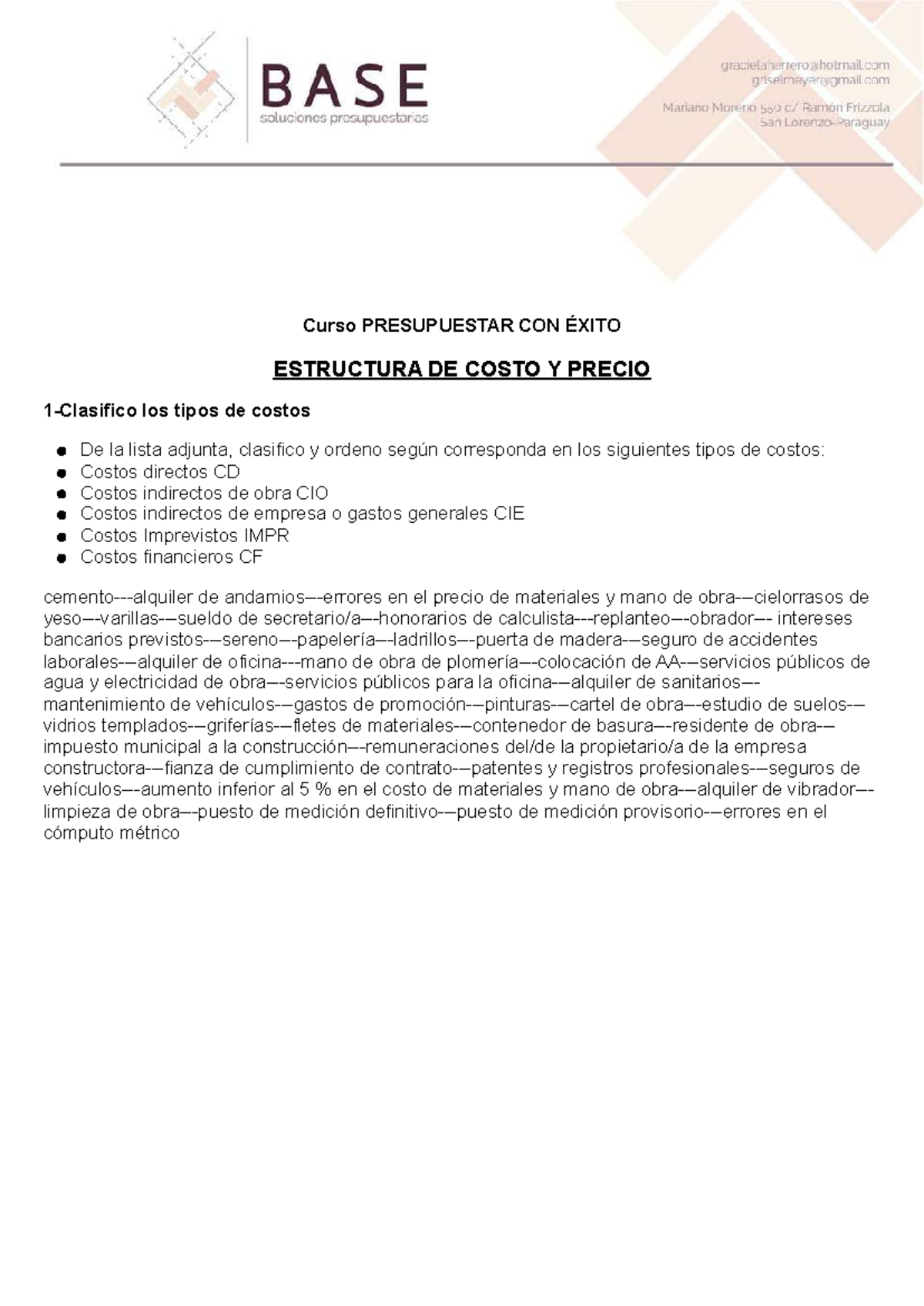 PCE-Clase 1: Estructura de Costos y Precios en Presupuestación - Studocu