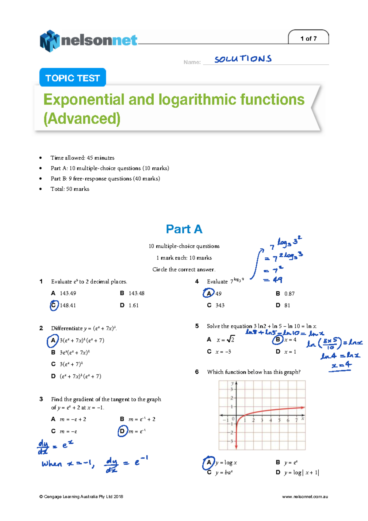 Exponential & Logarithmic Functions (Adv) Topic Test Solutions - Studocu