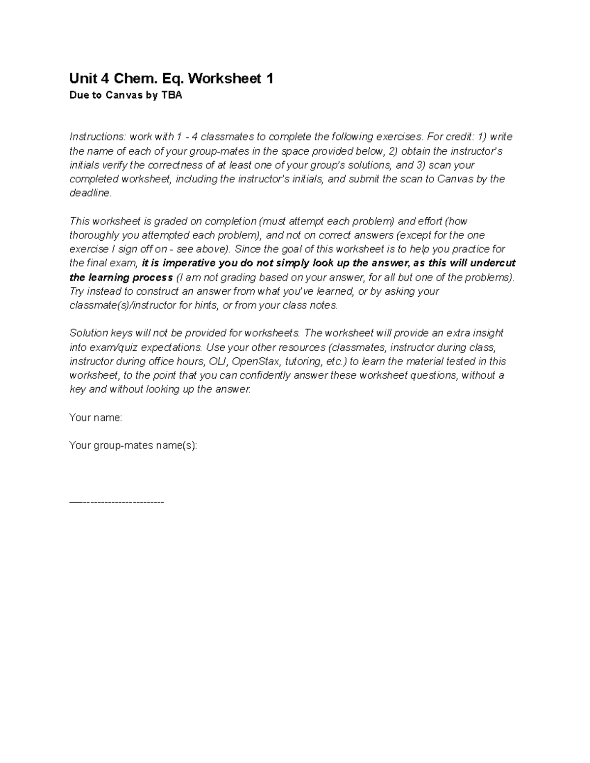 Unit 4 Chemical Equilibrium Worksheet I - Unit 4 Chem. Eq. Worksheet 1 ...