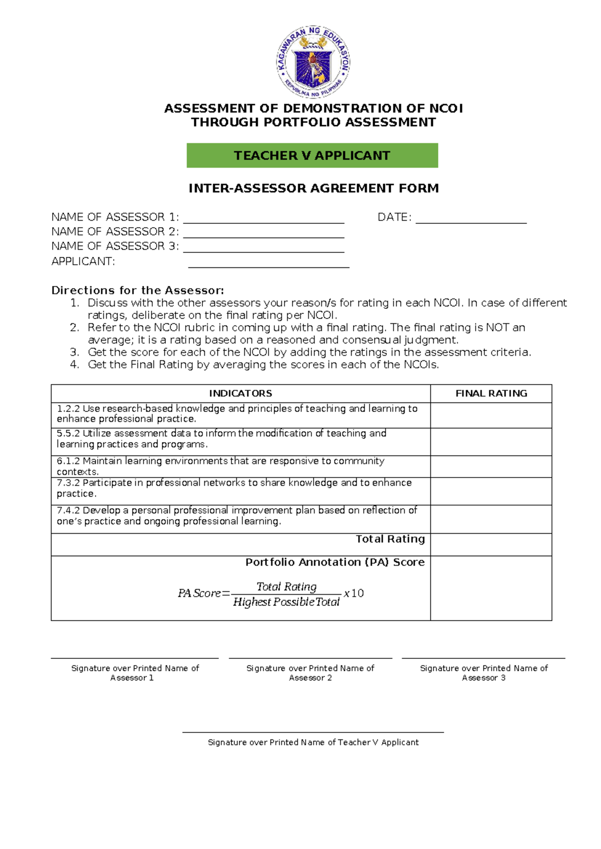 Assessment of NCOI Portfolio for Teacher V Applicant Agreement Form ...