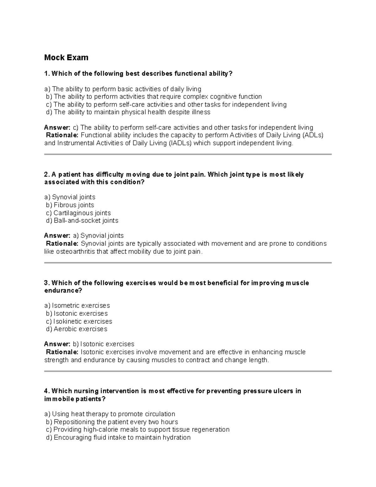 Nursing Mock Exam - Functional Ability and Nutrition Essentials - Studocu