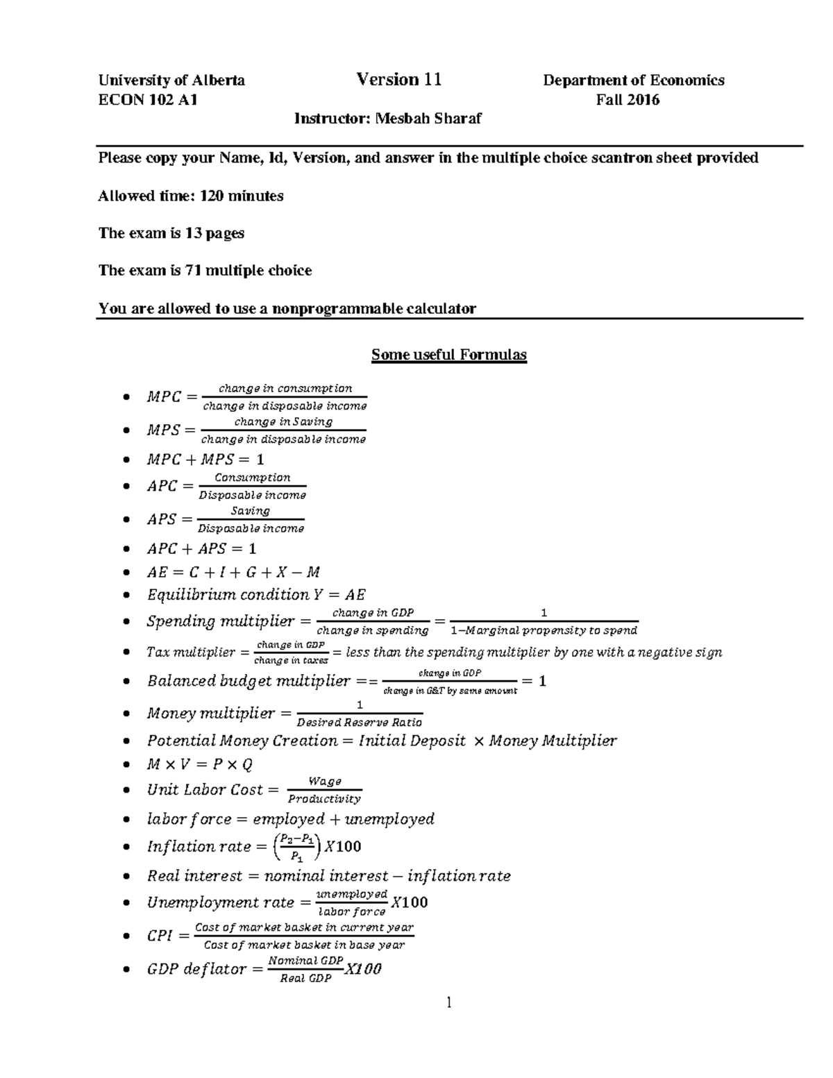 ECON 102 A1 Fall 2016: Key Practice Questions & Solutions - Studocu