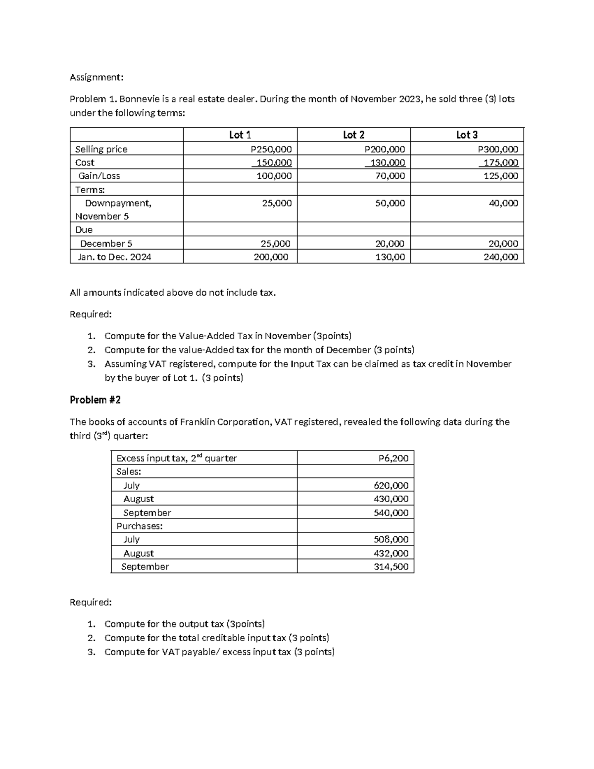 Assignment: Problem 1 - Tax Computation for Real Estate Sales (Final ...