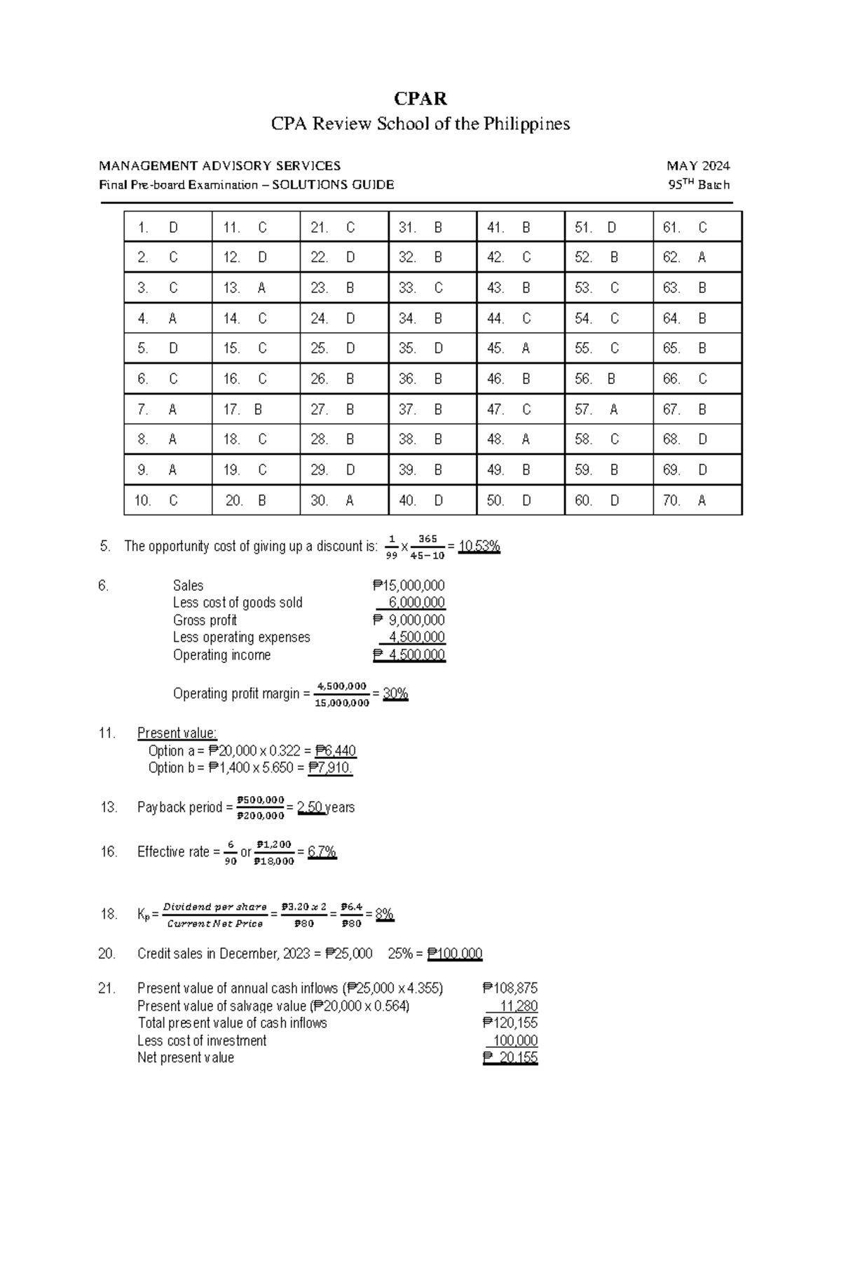 CPAR CPA Review: MAS Final Exam Solutions Guide May 2024 - Studocu