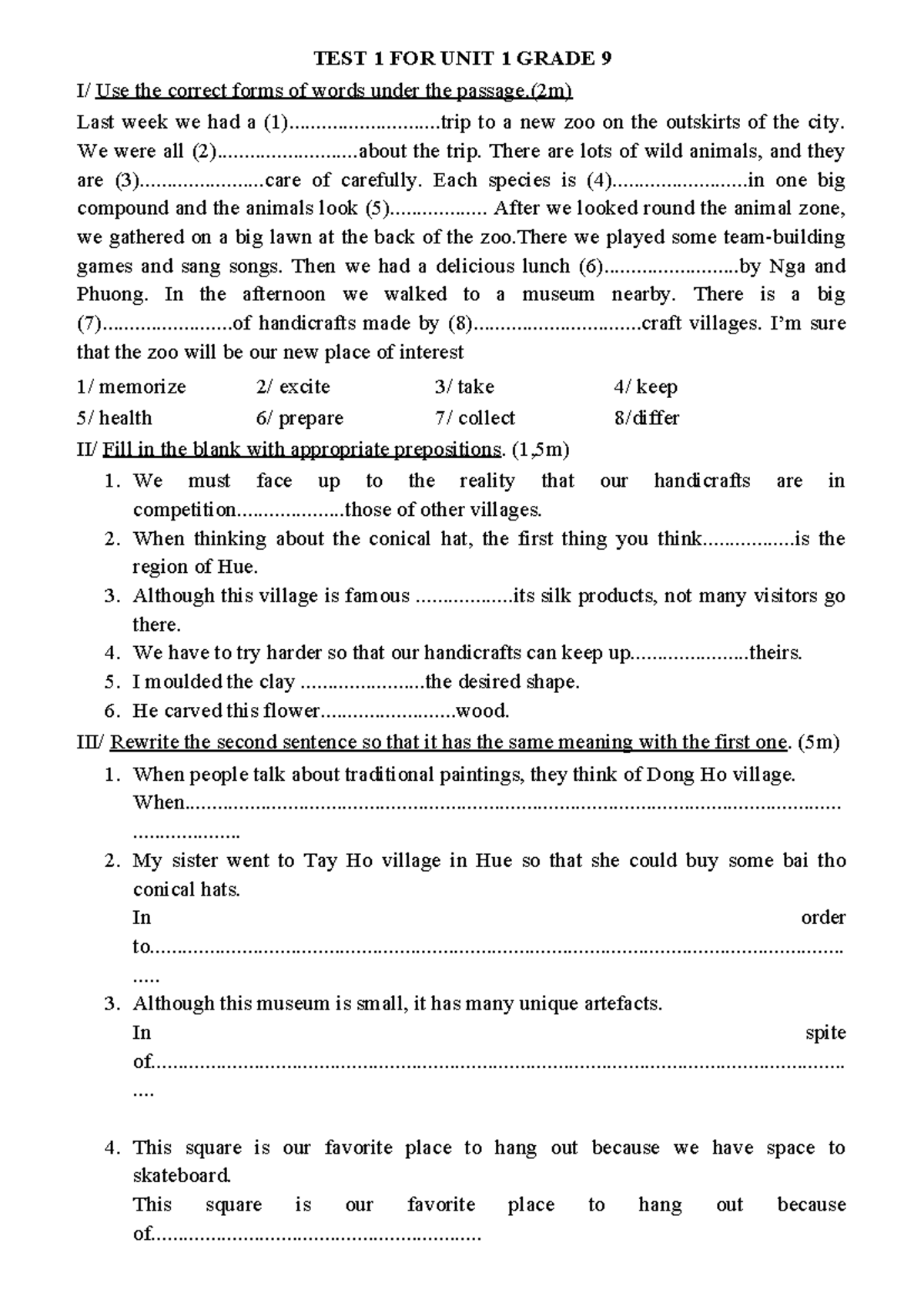 TEST 1 FOR UNIT 1 GRADE 9 - English Language Exercises - Studocu