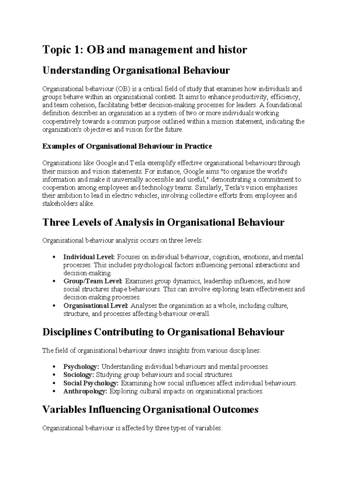 BUS 101: Final Exam Notes on Organisational Behaviour and Management ...