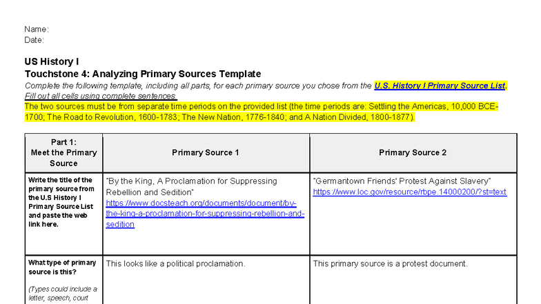 US History I Touchstone 4: Analyzing Primary Sources Template - Studocu