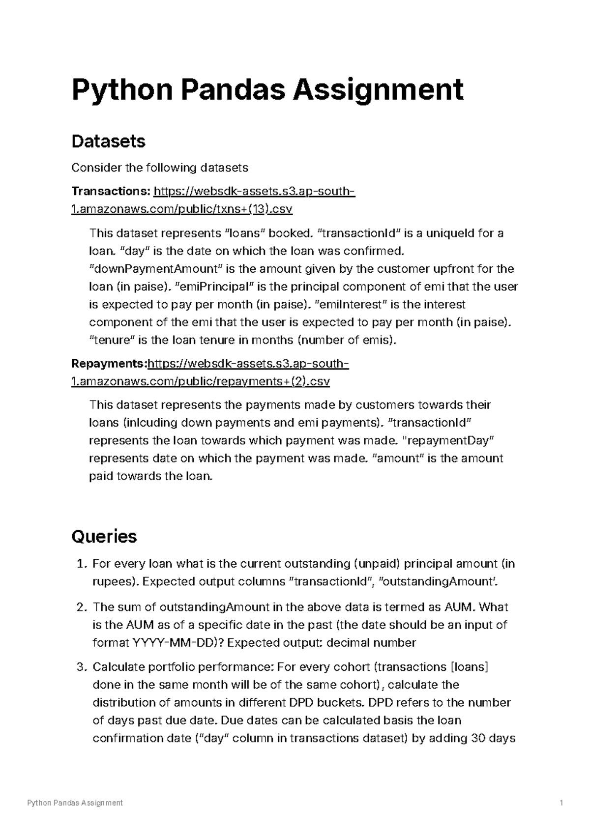 Python Developer Assignment - Python Pandas Assignment 1 Python Pandas ...