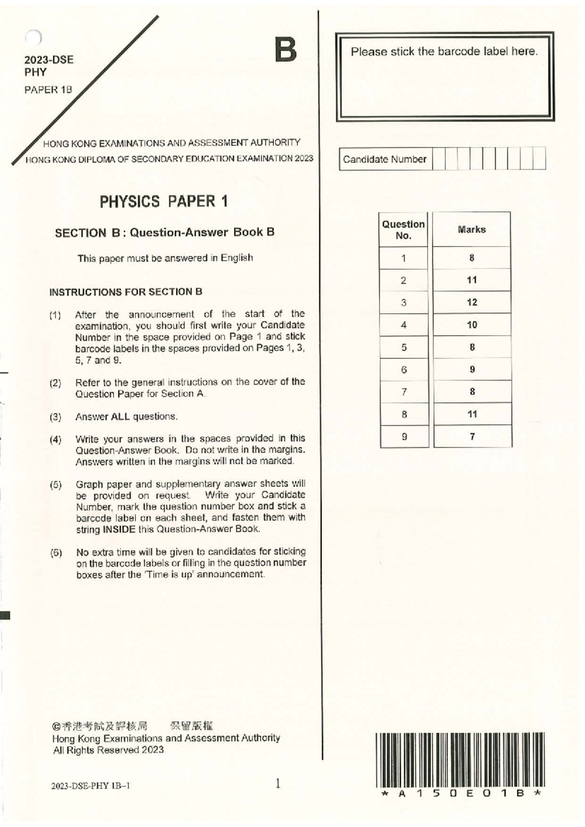 PHY 2023 1B - Physics Paper 1B Examination Instructions and Questions ...