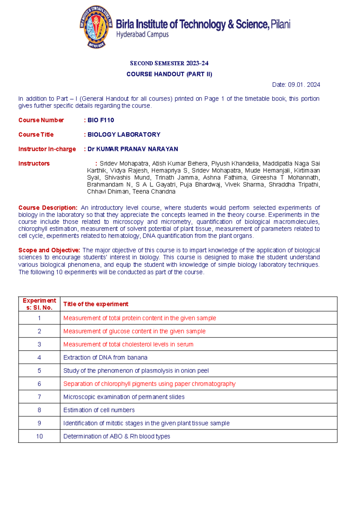 BIO F110 Biology Laboratory Course Handout (Part II) - Studocu