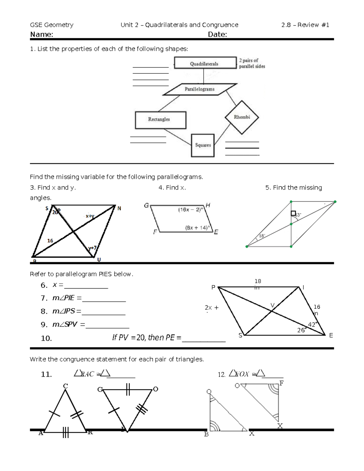 Unit 2 Study Guide - GSE Geometry Unit 2 – Quadrilaterals and ...