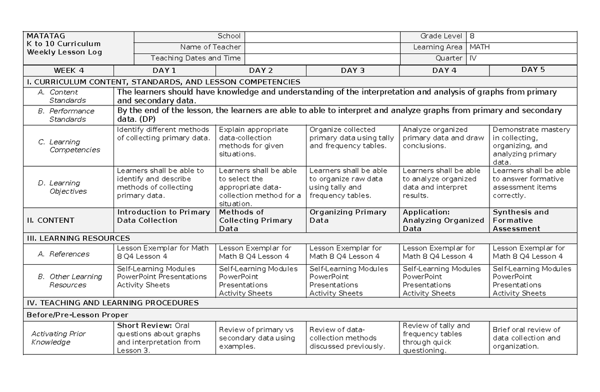 Math 8 Q4 Lesson 4: Analyzing and Interpreting Primary Data - Studocu