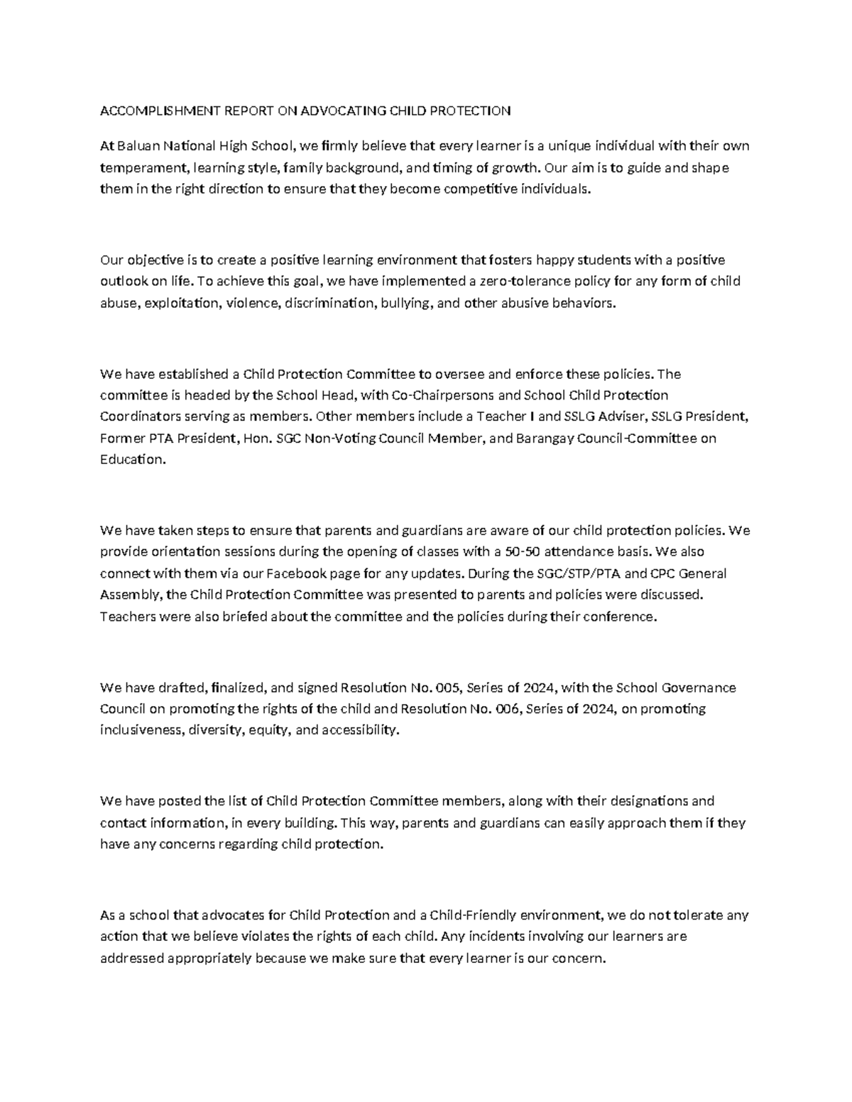 Accomplishment Report on Child Protection Strategies at Baluan NHS ...