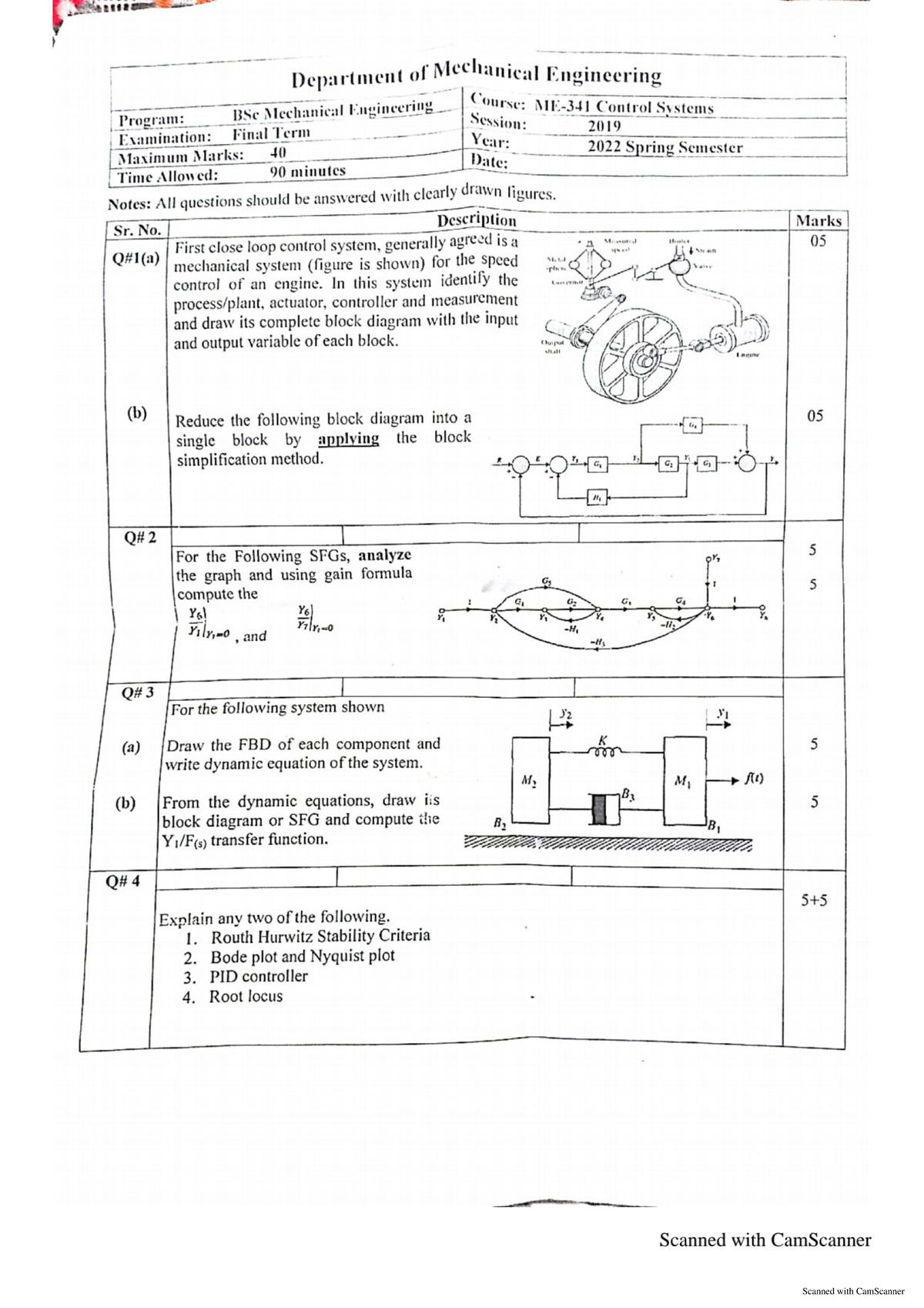 Control Systems BSc ME Session 19 Final Exam Paper 2019 - Studocu