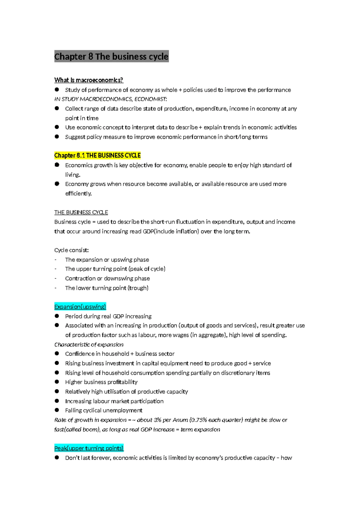 BUS 101: Business Cycle Notes - Causes & Turning Points - Studocu