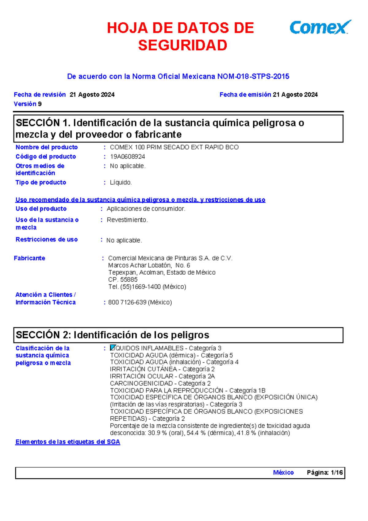 Hoja de Seguridad COMEX 100 PRIM Secado Extra Rápido 19A - Document Preview