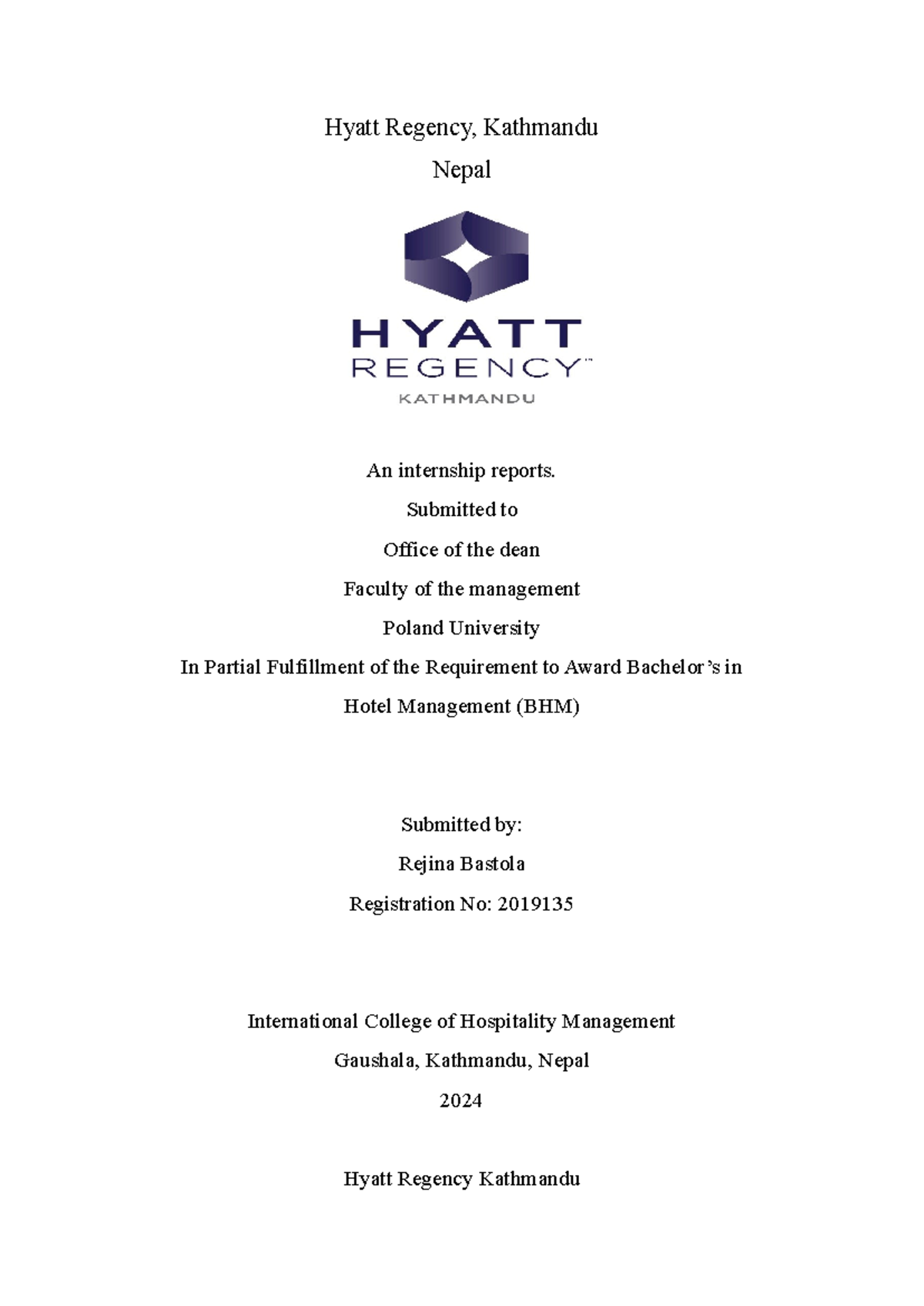 Internship Report: Hyatt Regency Kathmandu (BHM) - Studocu