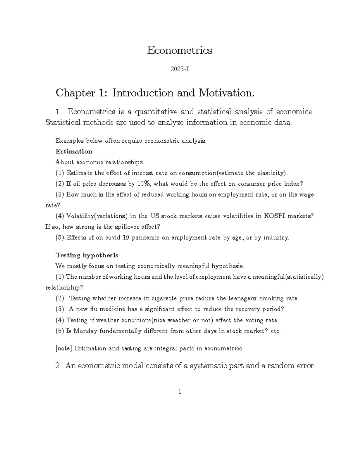 Ch1 - lecture note of economics - Econometrics 2023-I Chapter 1 ...
