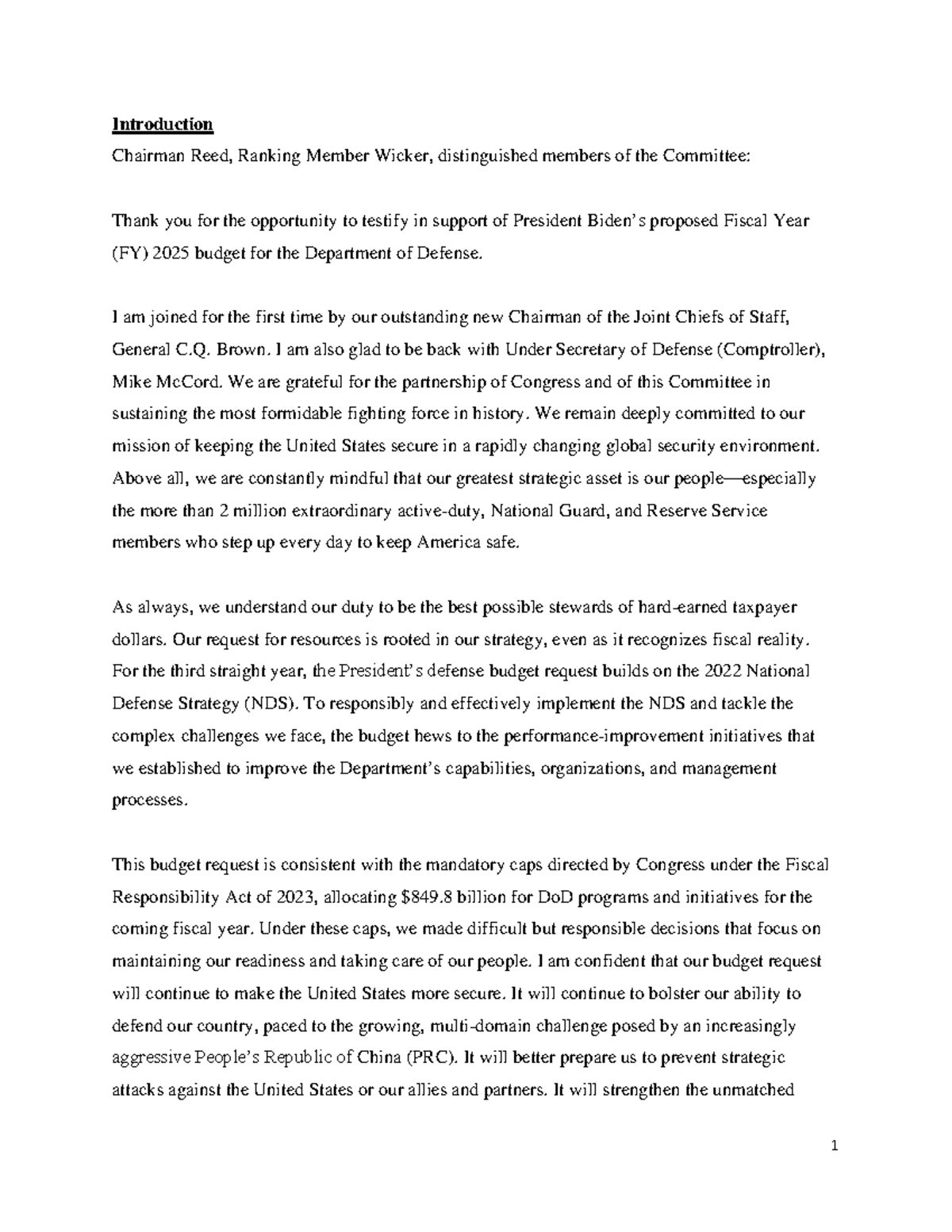 2024 Sec Def Austin's Testimony on FY 2025 Defense Budget - Studocu