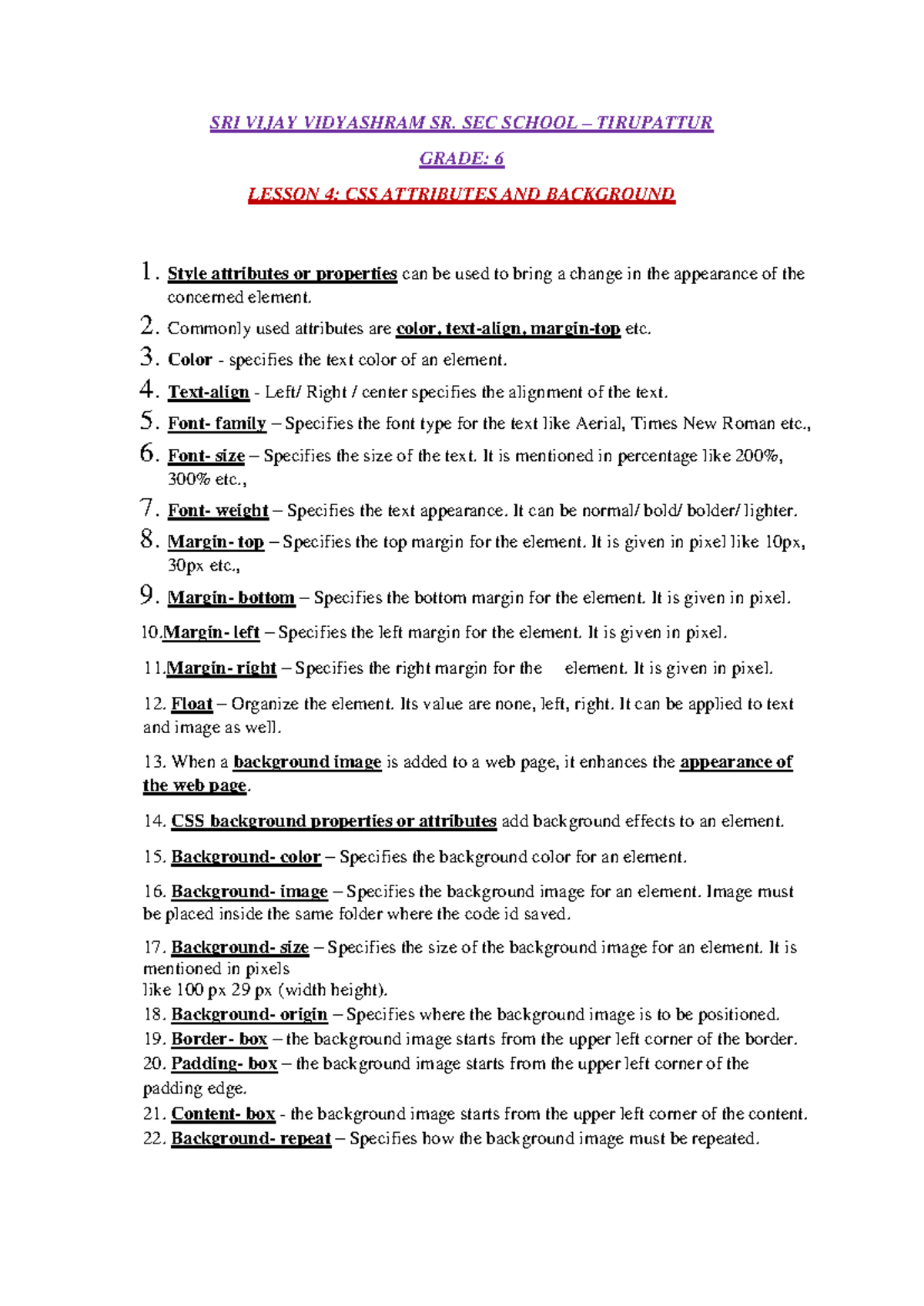 LN NO 4 CSS Attributes AND Background- Grade 6 - SRI VIJAY VIDYASHRAM ...