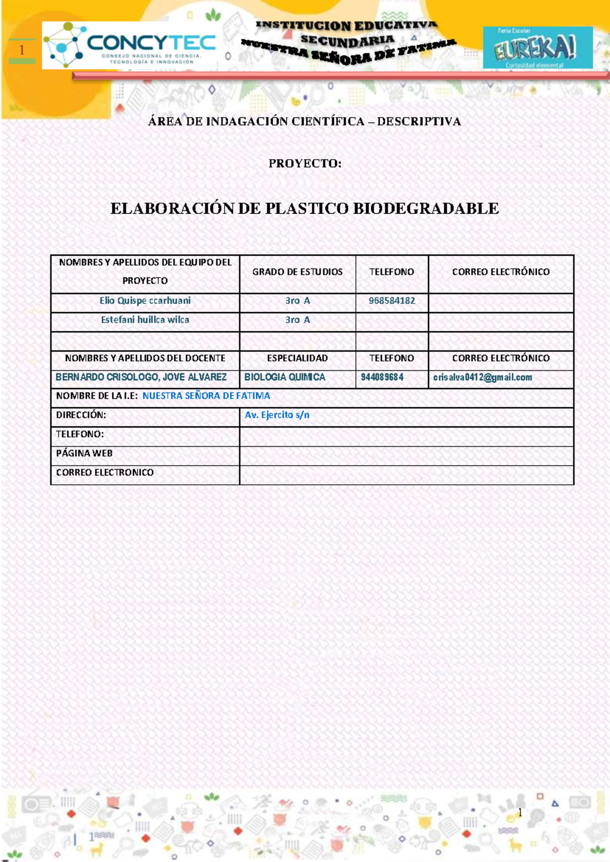 Proyecto de Plástico Biodegradable - Grado 3ro A - I. "Nuestra Señora de Fátima" - Document Preview