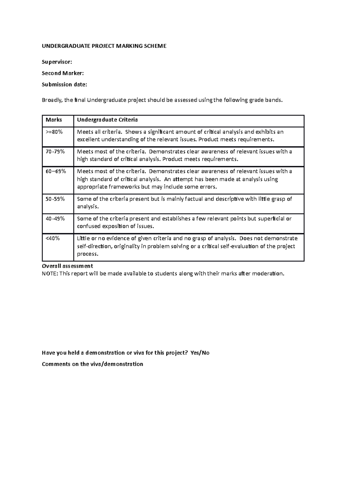 COMP1682 UG Project Assessment Marking Criteria Guide - Studocu