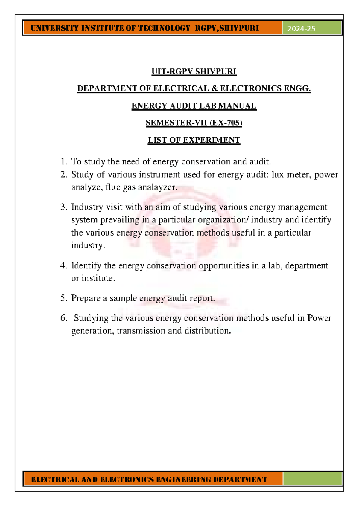 EX-705 Energy Audit Lab Manual: Experiments & Techniques for ...