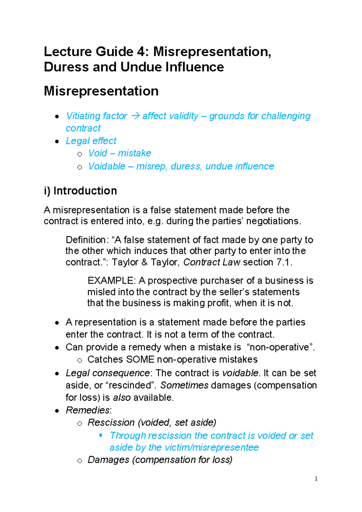 Lecture Guide 4 Misrepresentation, Duress and Undue Influence LW 2130 ...