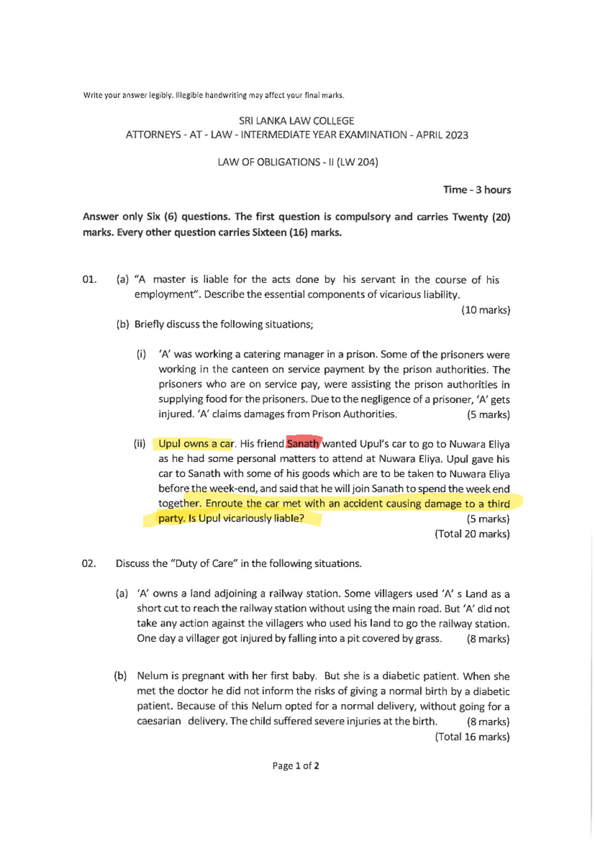 Law of Obligations II (LW 204) - Delict Exam Paper April 2023 - Studocu