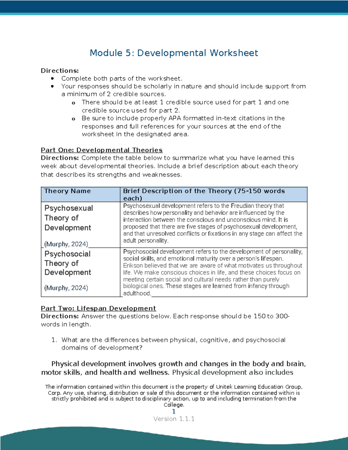 PSY100 M5 Developmental Theories & Lifespan Worksheet Completion - Studocu