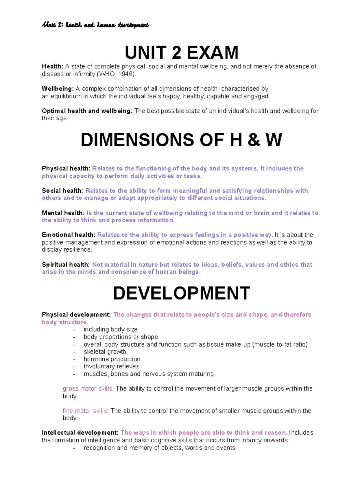HHD Unit 2 Exam Notes: Health and Human Development Insights - Studocu