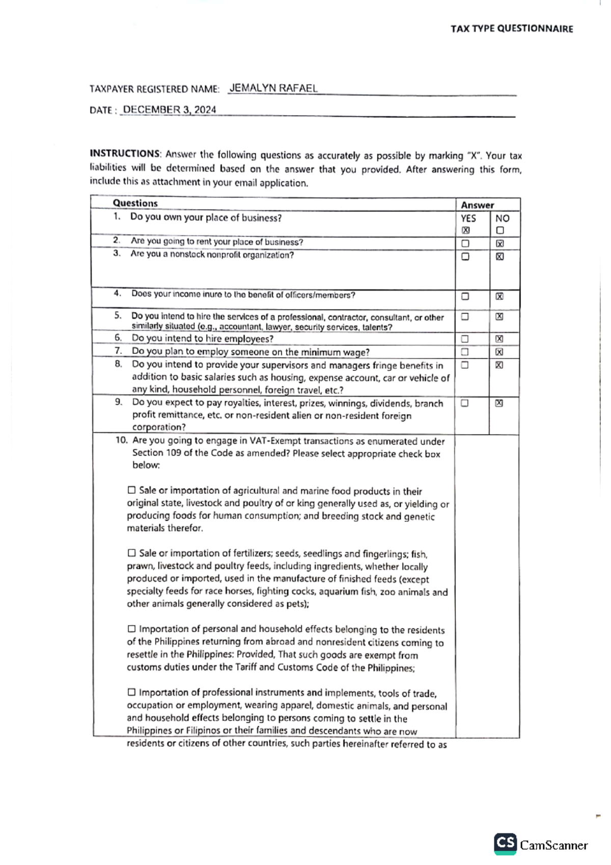 TAX TYPE Questionnaire - Business Tax Liability Assessment Form - Studocu