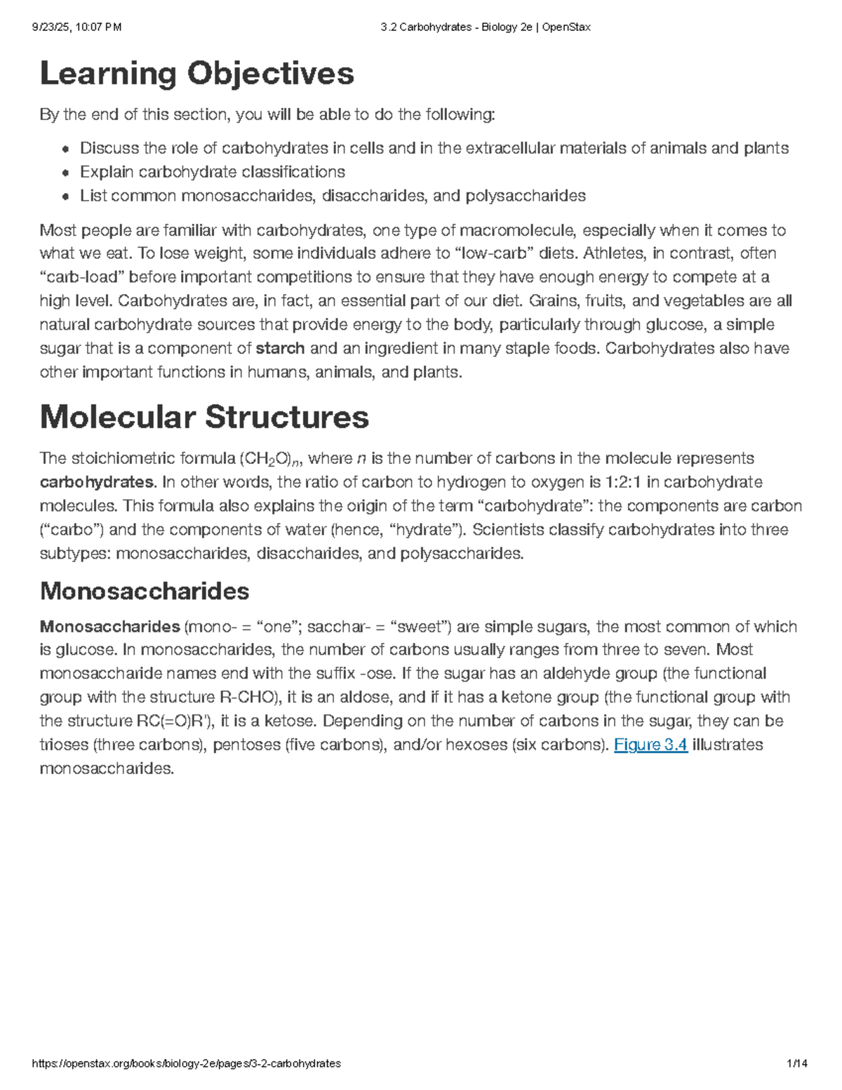 Biology 2e Chapter 3.2: Overview of Carbohydrates and Their Functions ...