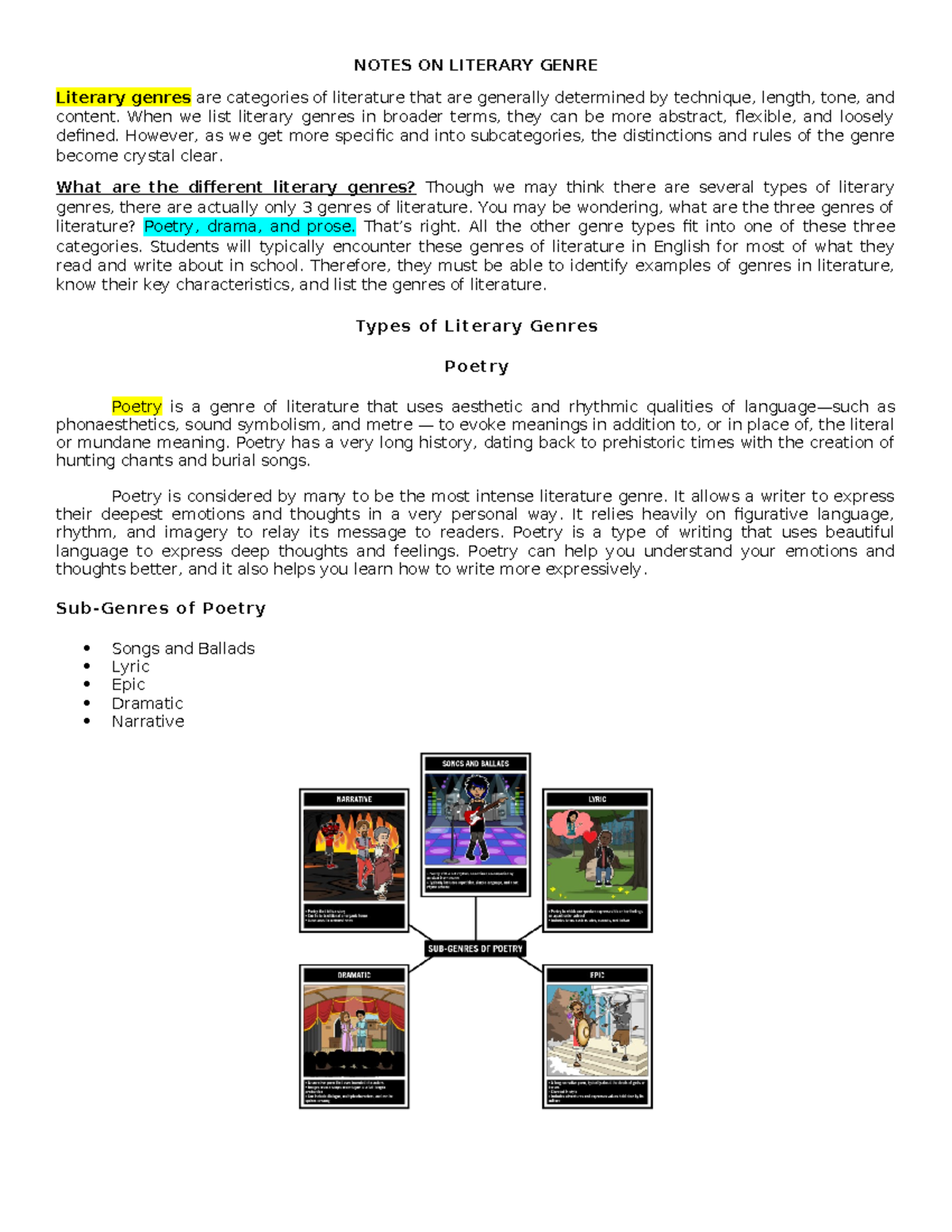 Engaging Notes on Literary Genres: Poetry, Drama, and Prose - Studocu