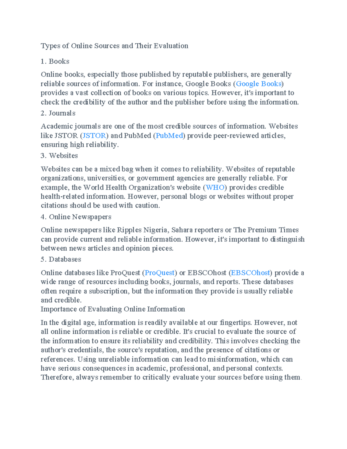 Assignment for English 101 - Types of Online Sources and Their ...