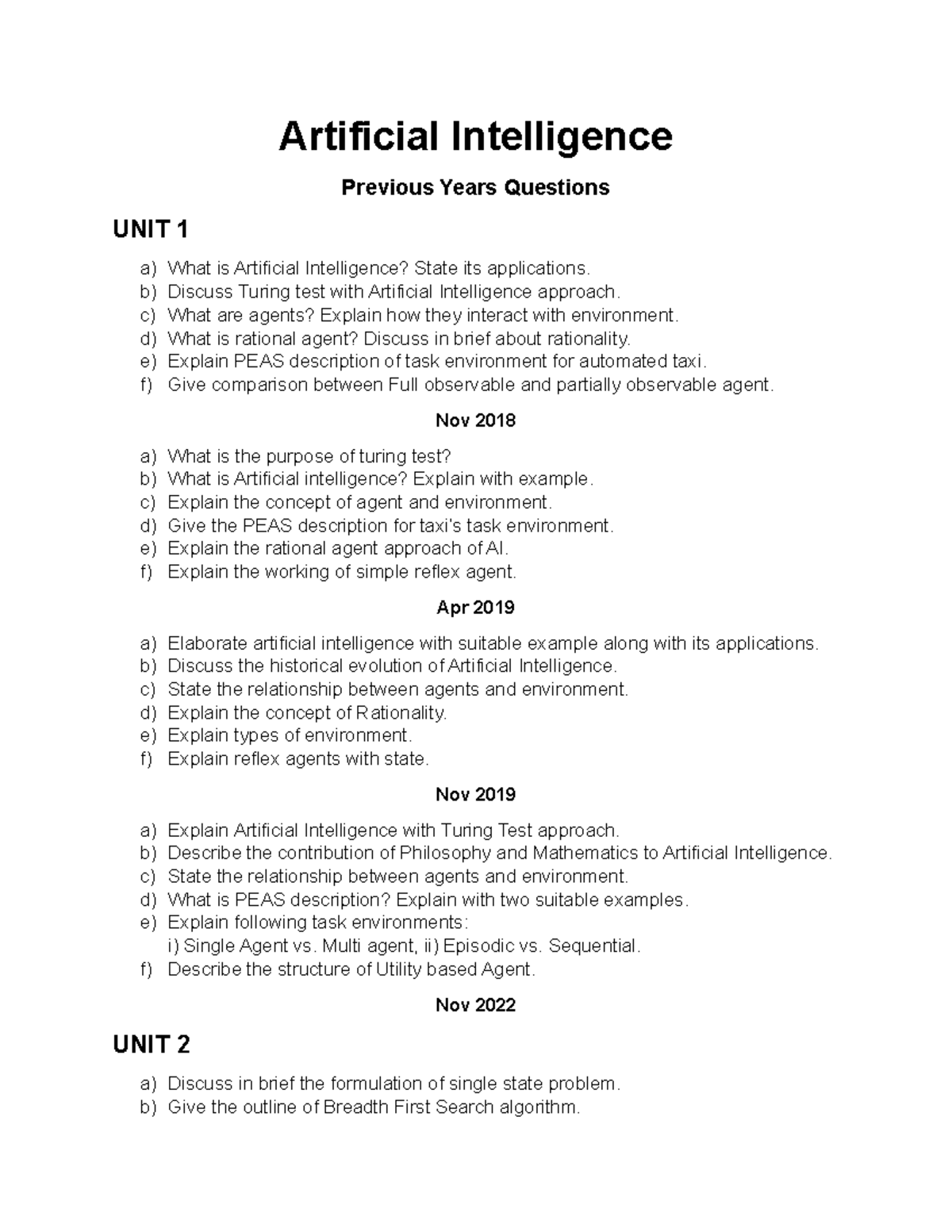 Artificial Intelligence Questions Compilation (CS101) - Studocu
