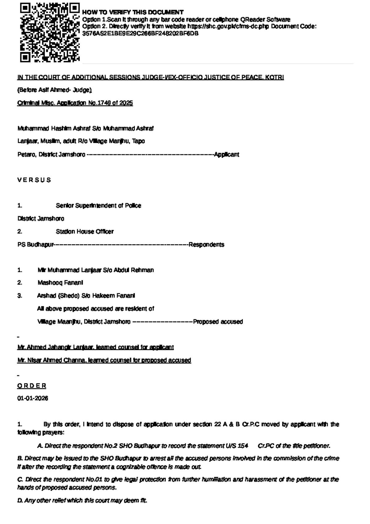 Criminal Misc. Application No.1749 of 2025: Hashim vs Mir - Order - Studocu