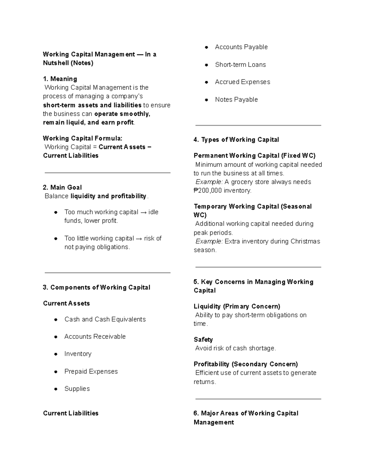 Working Capital Management (Notes) - Key Concepts & Components - Studocu
