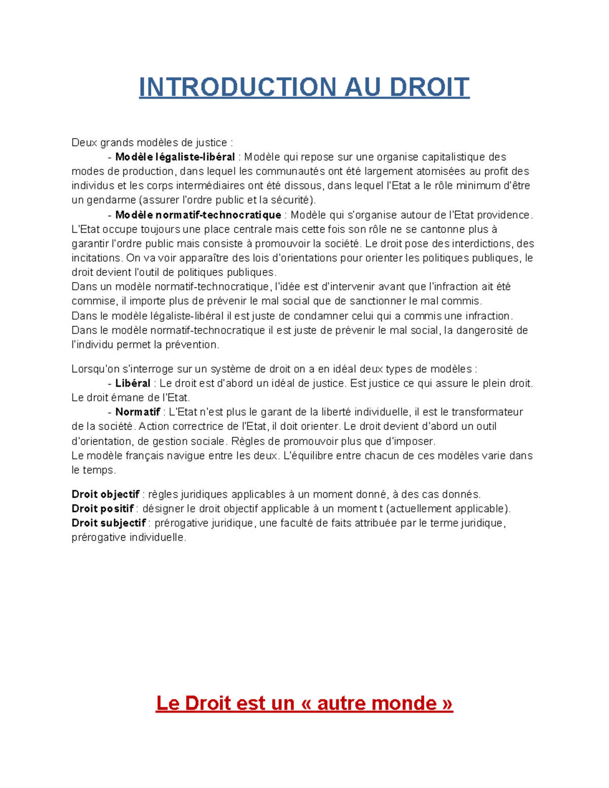 Introduction au Droit (S1) : Modèles de Justice et Normes Juridiques ...