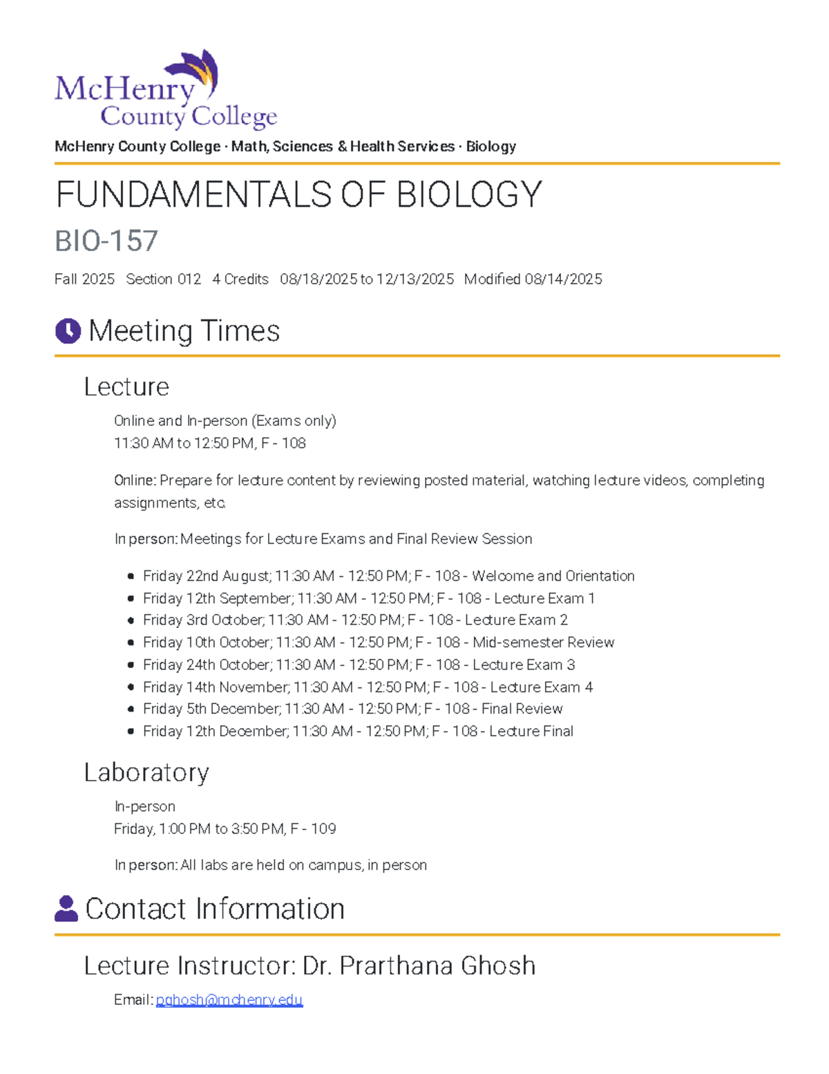 BIO-157 Fundamentals of Biology Lecture & Lab Schedule - Studocu