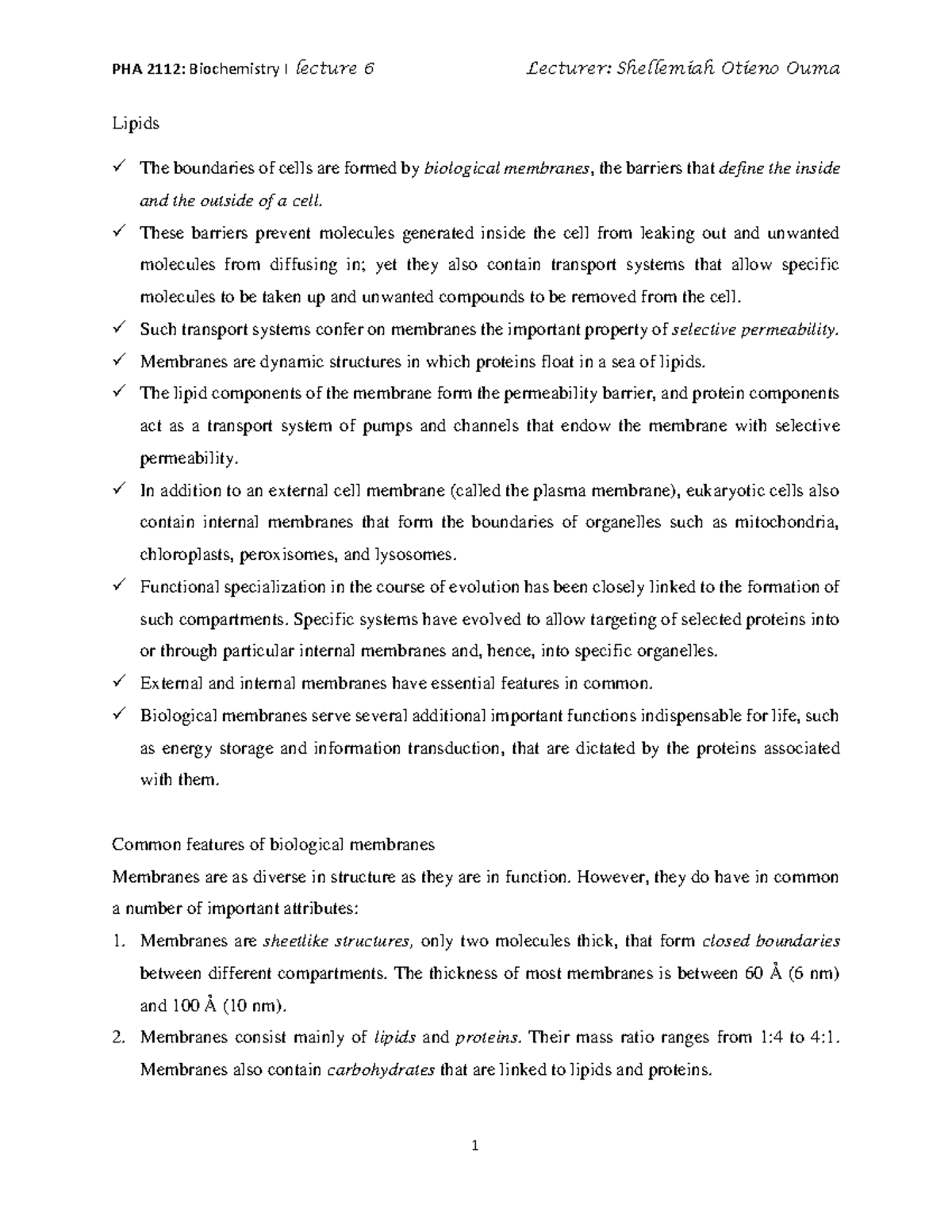 Biological Membranes and Lipids Overview - BIOL 101 Lecture Notes - Studocu