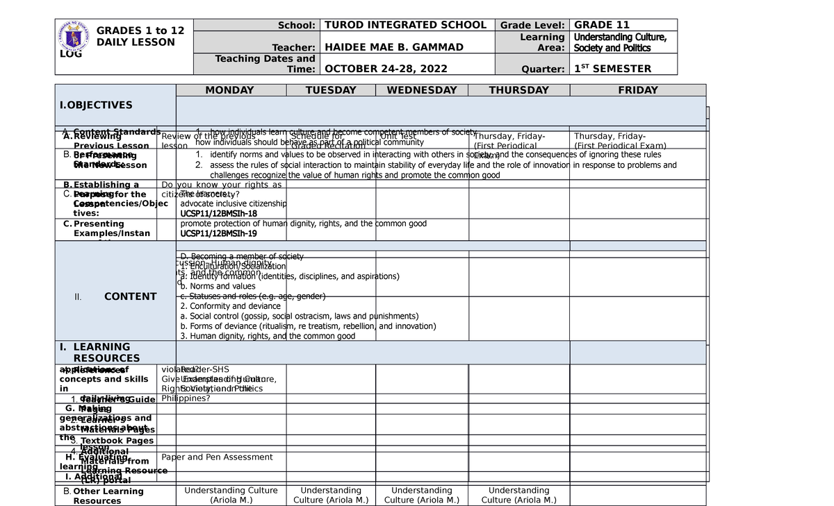 UCSP 11 - Understanding Culture: Lesson Plan & Reflection (Week 10 ...