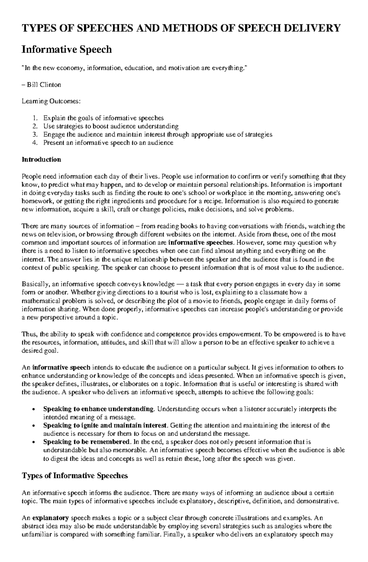 ENG M2 UNIT 3: Types of Speeches & Delivery Methods - Week 7 Notes ...