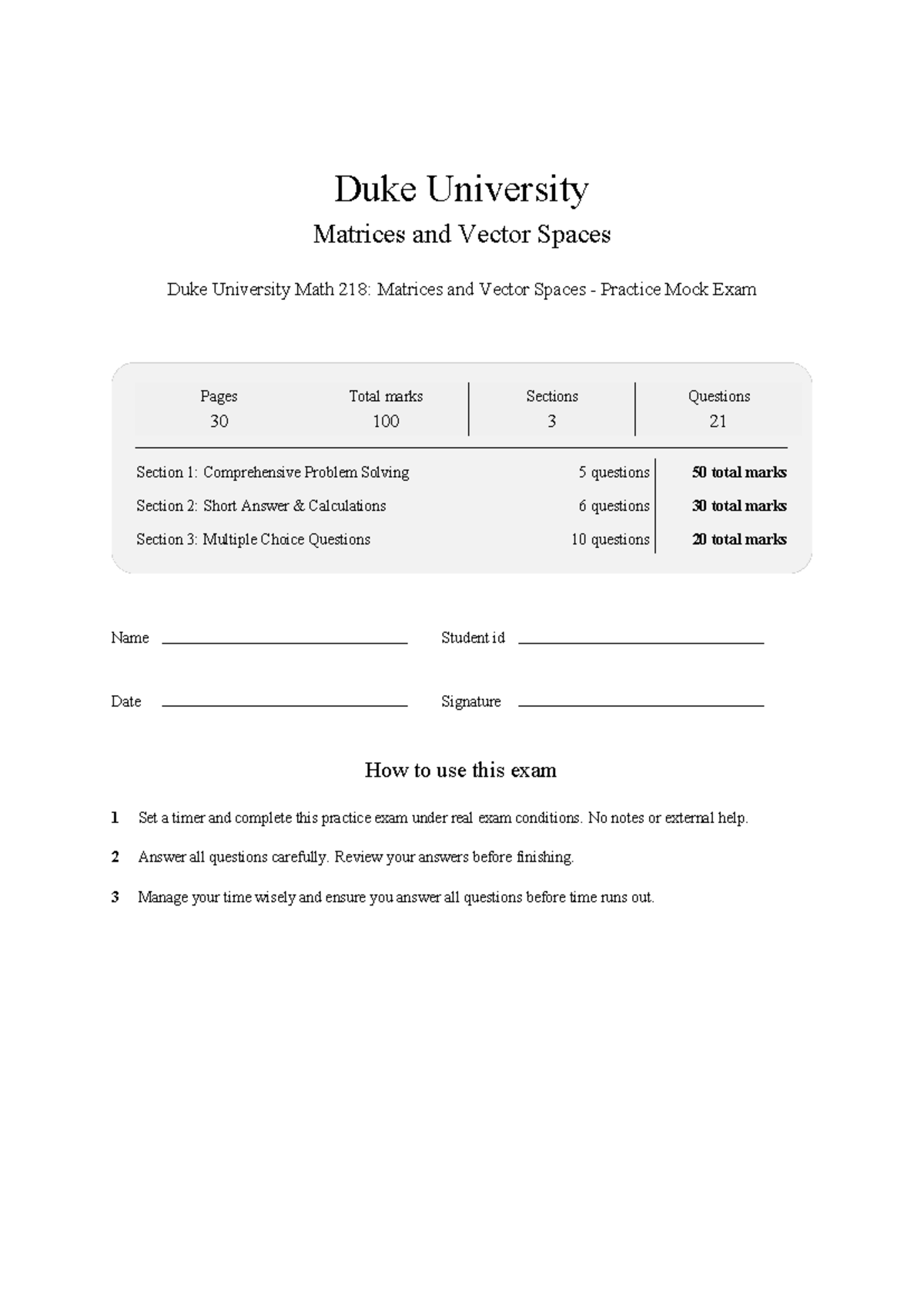 Duke University Math 218: Matrices & Vector Spaces Mock Exam - Studocu