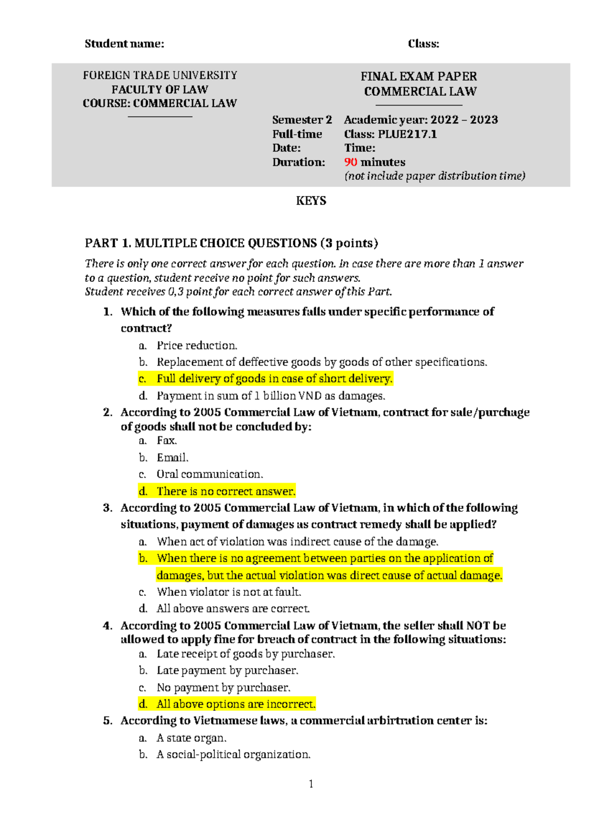 Final Exam Questions & Keys for PLUE217 - Commercial Law 2022-2023 ...
